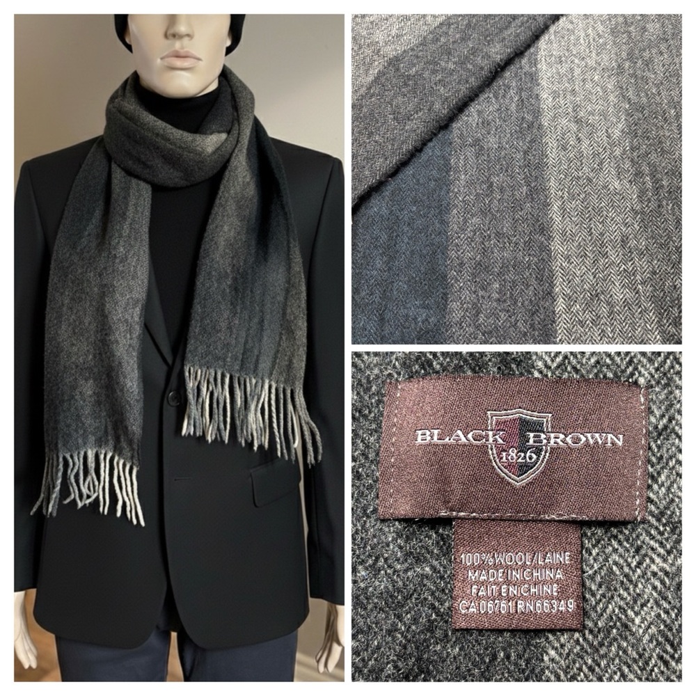 Black Brown 1826 Men's 100% Wool Herringbone Striped Scarf - Gray/Black